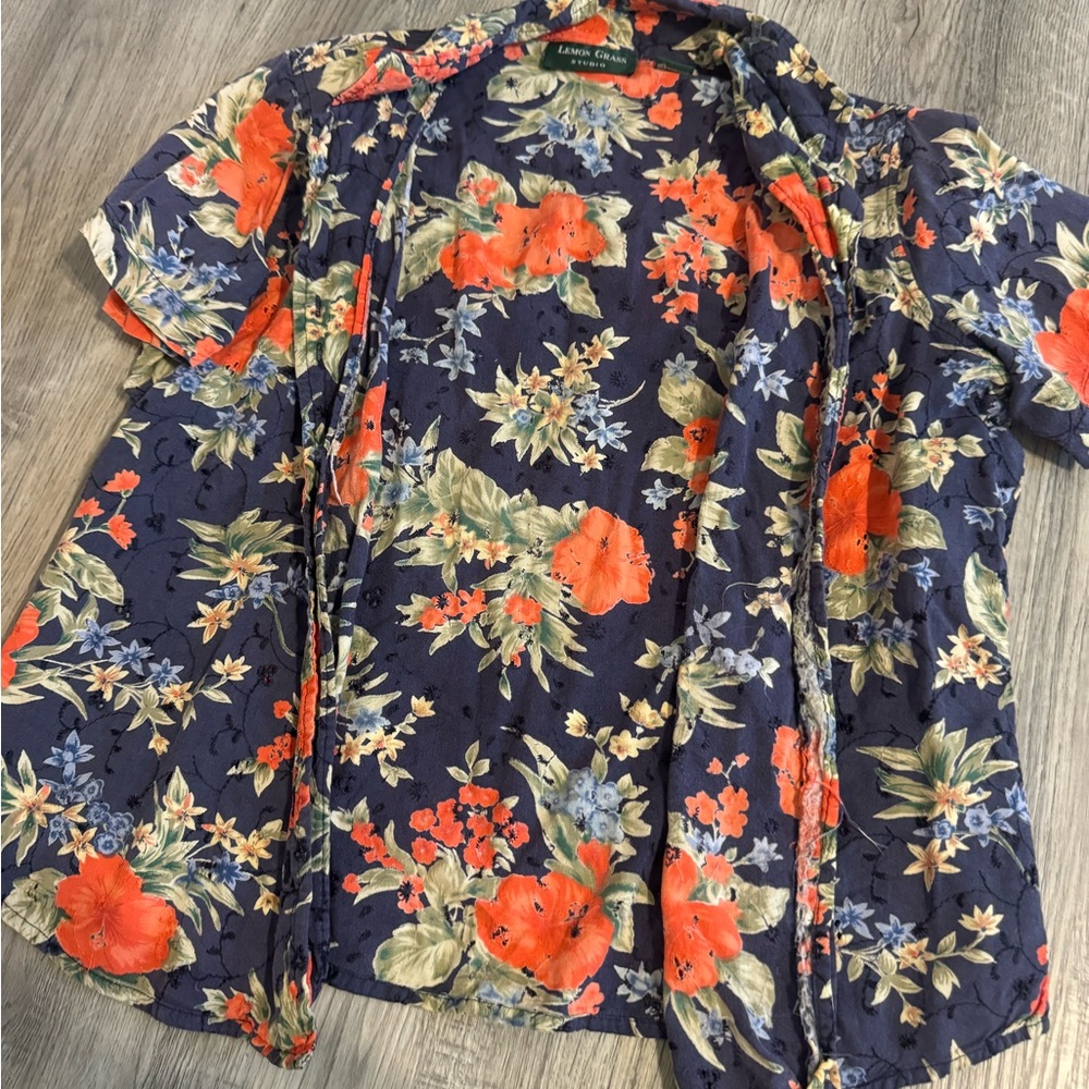 Lemon Grass button up floral top with eyelet details